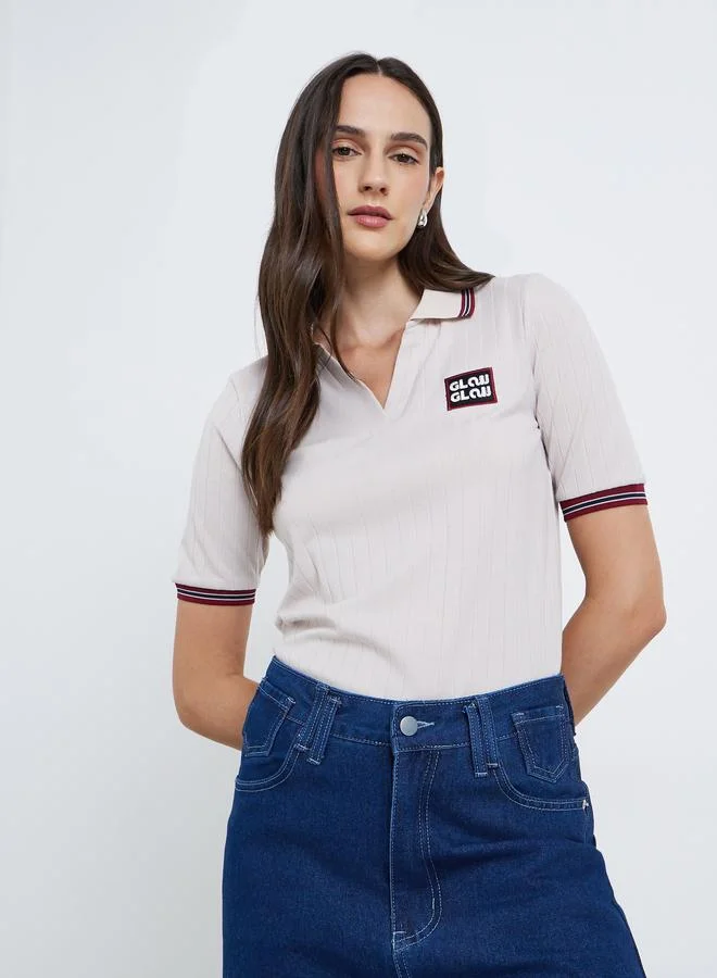 Styli Women Beige Contrast Tipping Polo T-Shirt