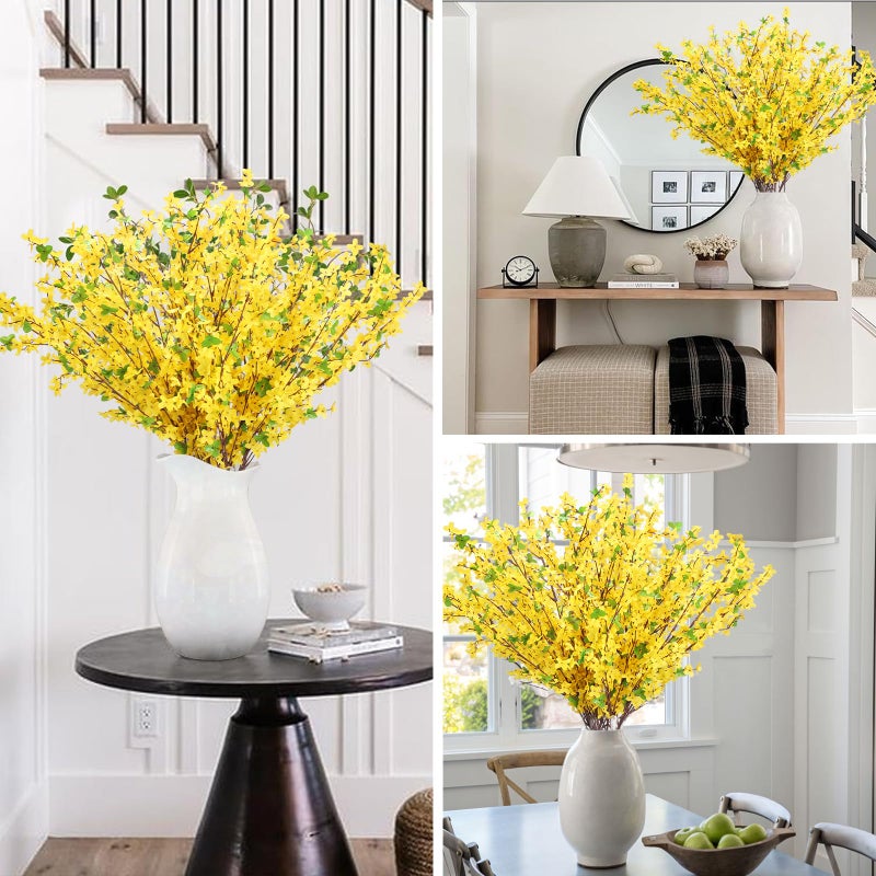 MHMJON 10PCS 34.65'' Artificial Forsythia Branches Yellow Flowers Fake Forsythia Blossom Long Stems Fake Winter Jasmine Cemetery Flowers for Home Table Wedding Graveyard Indoor Outdoor Decor - Image 3
