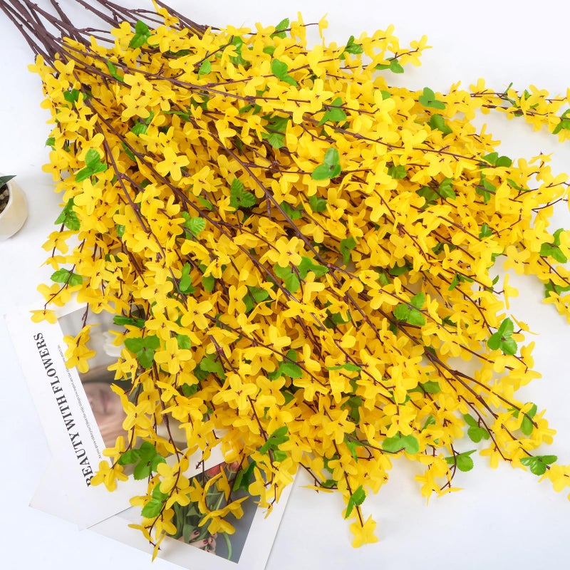 MHMJON 10PCS 34.65'' Artificial Forsythia Branches Yellow Flowers Fake Forsythia Blossom Long Stems Fake Winter Jasmine Cemetery Flowers for Home Table Wedding Graveyard Indoor Outdoor Decor - Image 4