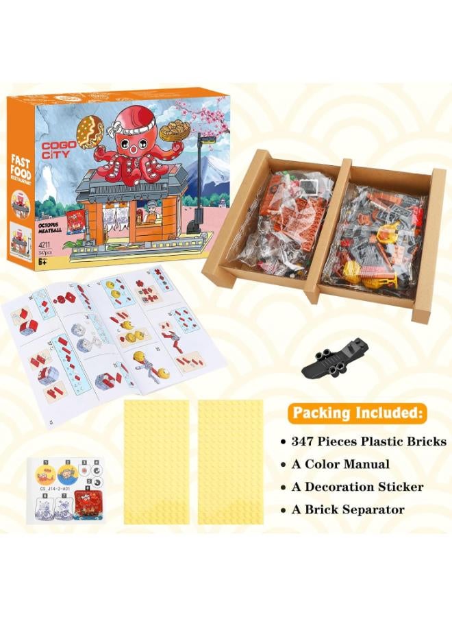 COGO مجموعة مكعبات بناء متجر تاكوياكي لطيف من تصميم الشارع الياباني، مجموعة نماذج معمارية إبداعية لمدينة يابانية مكونة من 347 قطعة - Image 1