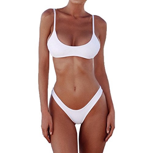 SherryDC Women's Solid Scoop Neck Push Up Padded Brazilian Thong Bikini Swimsuit,White,(US 2-4) S - Image 5