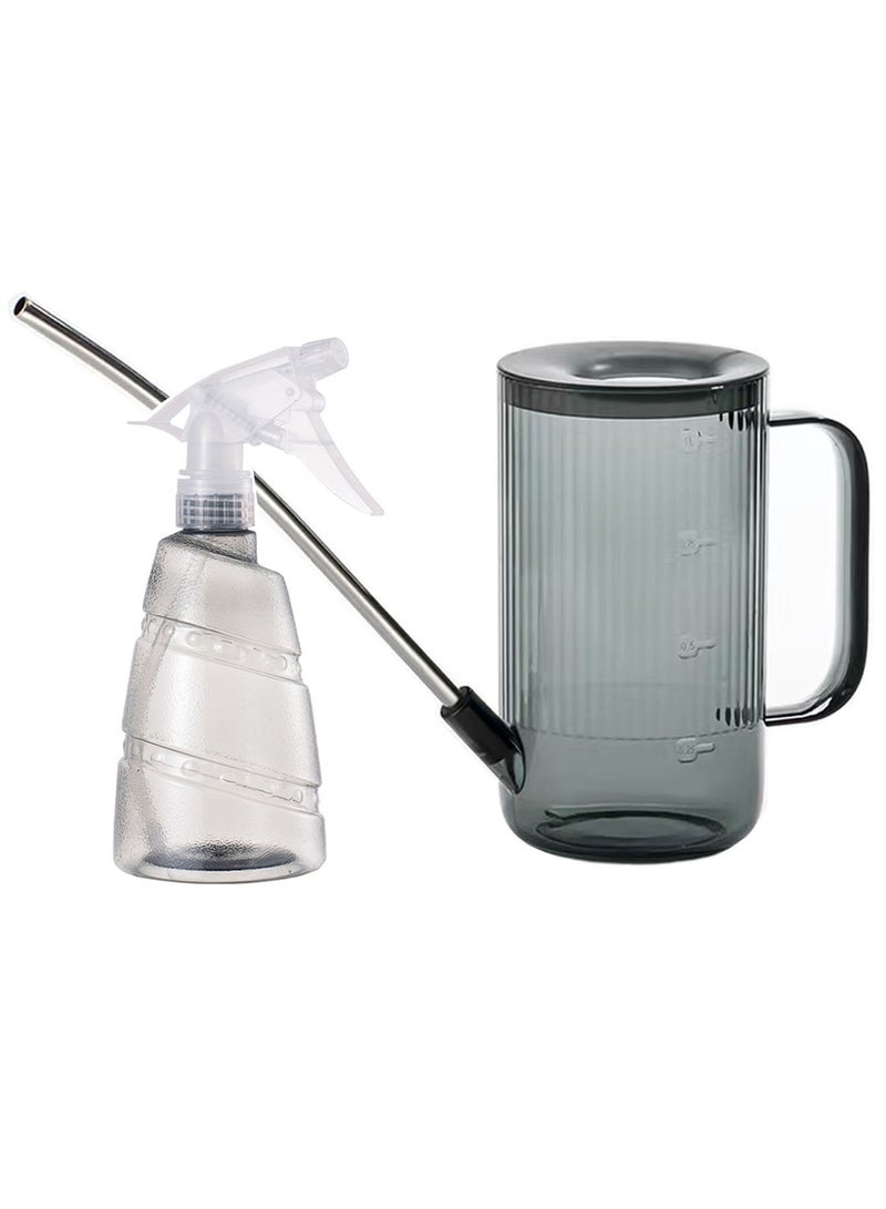 Qiccijoo Watering Can for Indoor/Outdoor Plants 1L/34oz With Stainless Steel Long Spout, Bonus 500ml/17oz Spray Bottle for Watering Plants, Flowers, Succulents and Bonsai (Grey) - Image 1