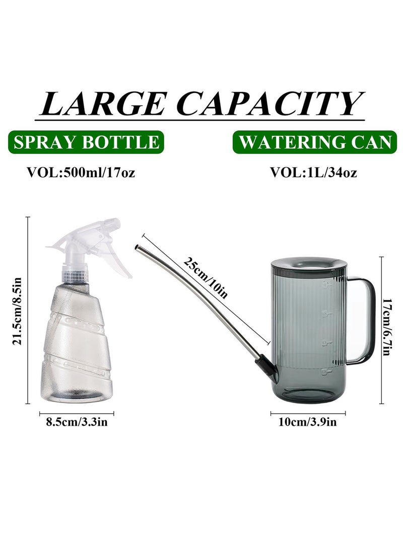 Qiccijoo Watering Can for Indoor/Outdoor Plants 1L/34oz With Stainless Steel Long Spout, Bonus 500ml/17oz Spray Bottle for Watering Plants, Flowers, Succulents and Bonsai (Grey) - Image 2