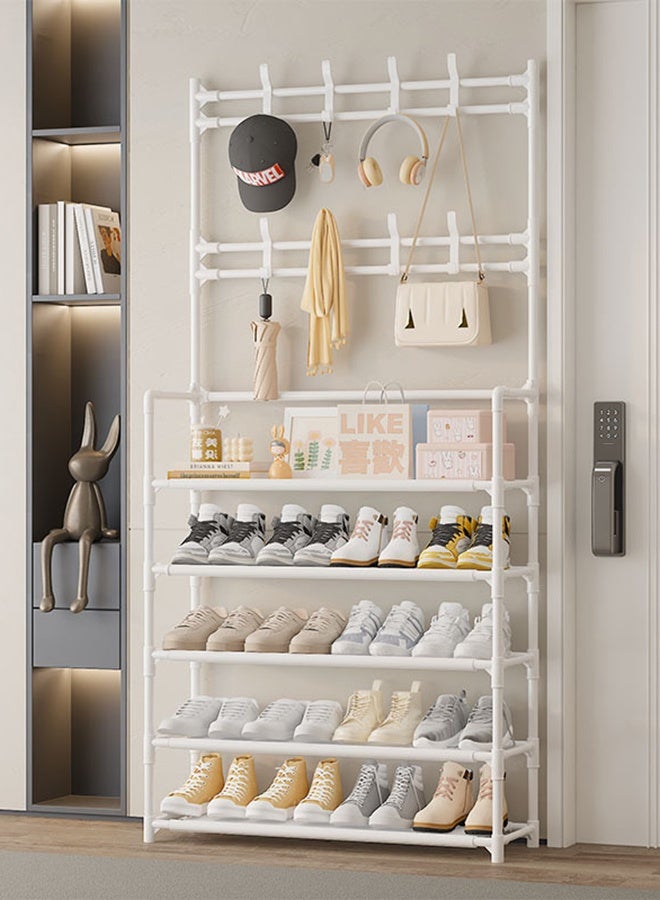 RollsTimi  5 Tier 2 in 1 Freestanding Hallway Coat Rack Versatile Stand Shoe Rack Portable Entryway Hall Tree with Shoe Bench and 8 Hooks Storage Shelf for Bedroom Lving Room - Image 1