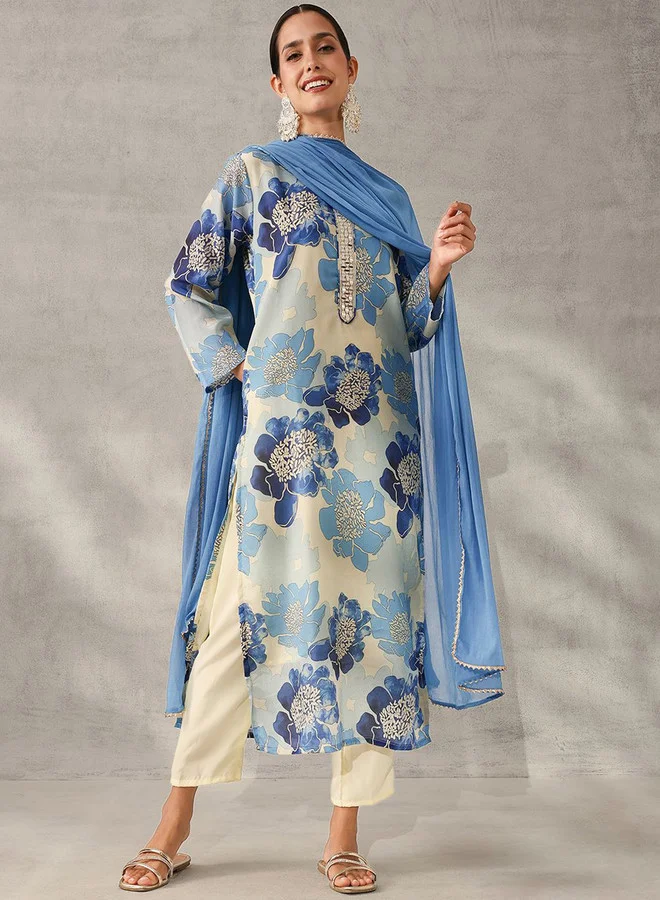 ISHIN Women's Off White Chinon Self Designed Tunic Upper Full Length Palazzo Bottom Regular Fit 3 Piece Kurta Set