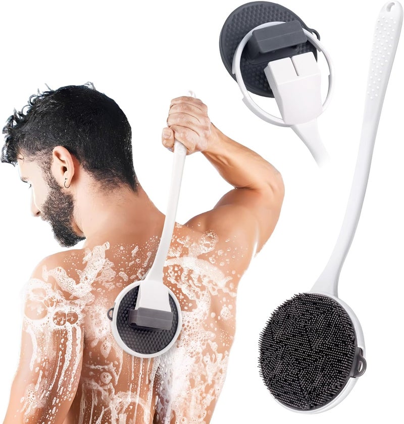 NURENDER Silicone Back Scrubber for Shower 1568 Detachable Long Handle Bath Brush with Soft Loop Bristles for Deep Cleansing Gentle Exfoliation Wall Mounted Body Brush Men Women - Image 1