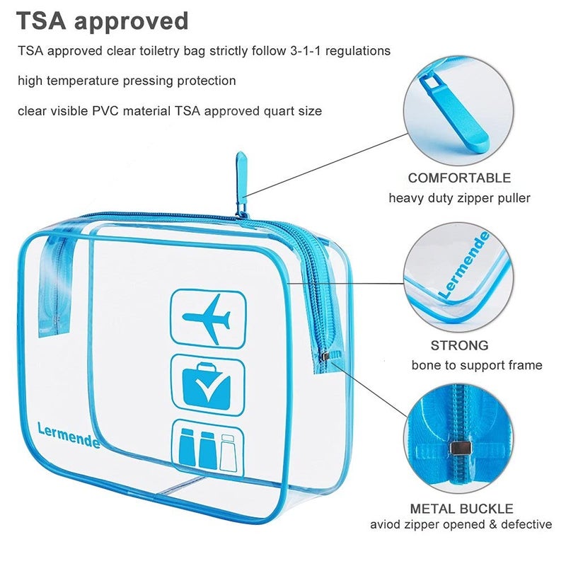 Lermende 2pcs Clear Toiletry Bag TSA Approved Travel Bag,Carry On for Travel,Airport Airline Accessories Compliant Bag,Quart Sized Makeup Cosmetic bag Women Men (Blue, 3 Pack) - Image 3