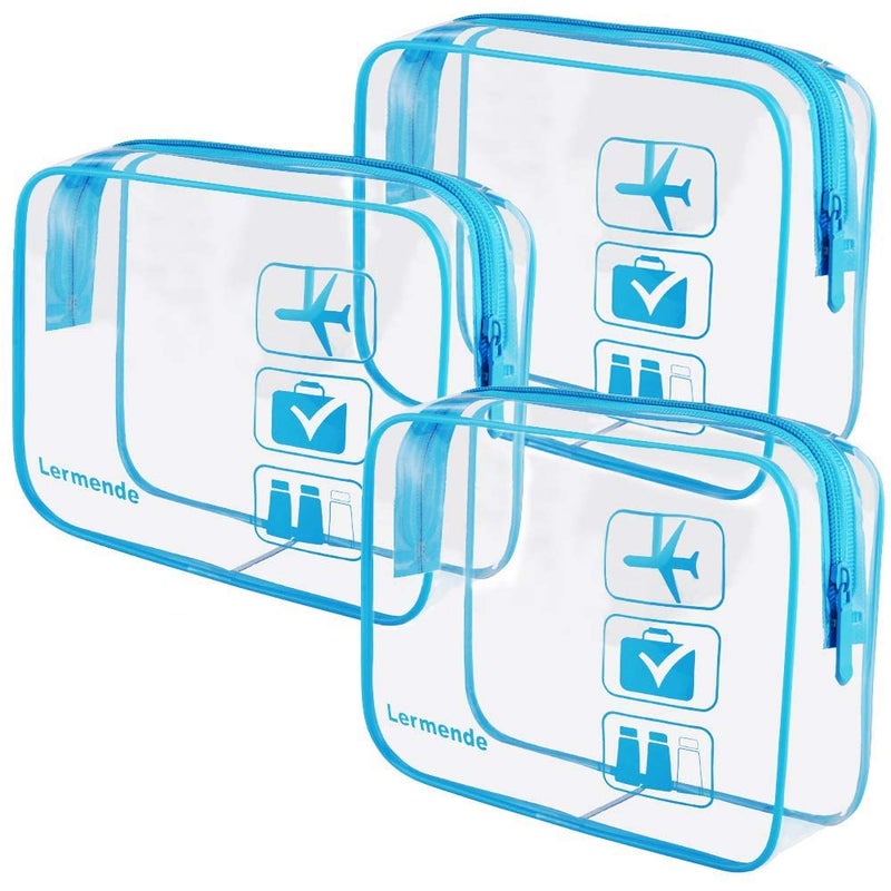 Lermende 2pcs Clear Toiletry Bag TSA Approved Travel Bag,Carry On for Travel,Airport Airline Accessories Compliant Bag,Quart Sized Makeup Cosmetic bag Women Men (Blue, 3 Pack) - Image 1