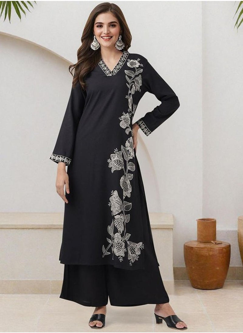ISHIN Women's Black Rayon Embellished Tunic Full Length Palazzo Straight Fit Kurta Set  - Image 1