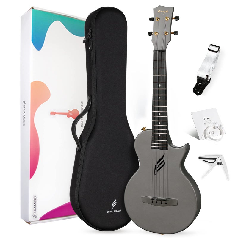 Enya Tenor Ukulele 26 Inch Carbon Fiber Cutaway Travel Ukelele for Adult with Beginner Bundle Kit Including Case Strap Capo and StringsNova U Pro Black