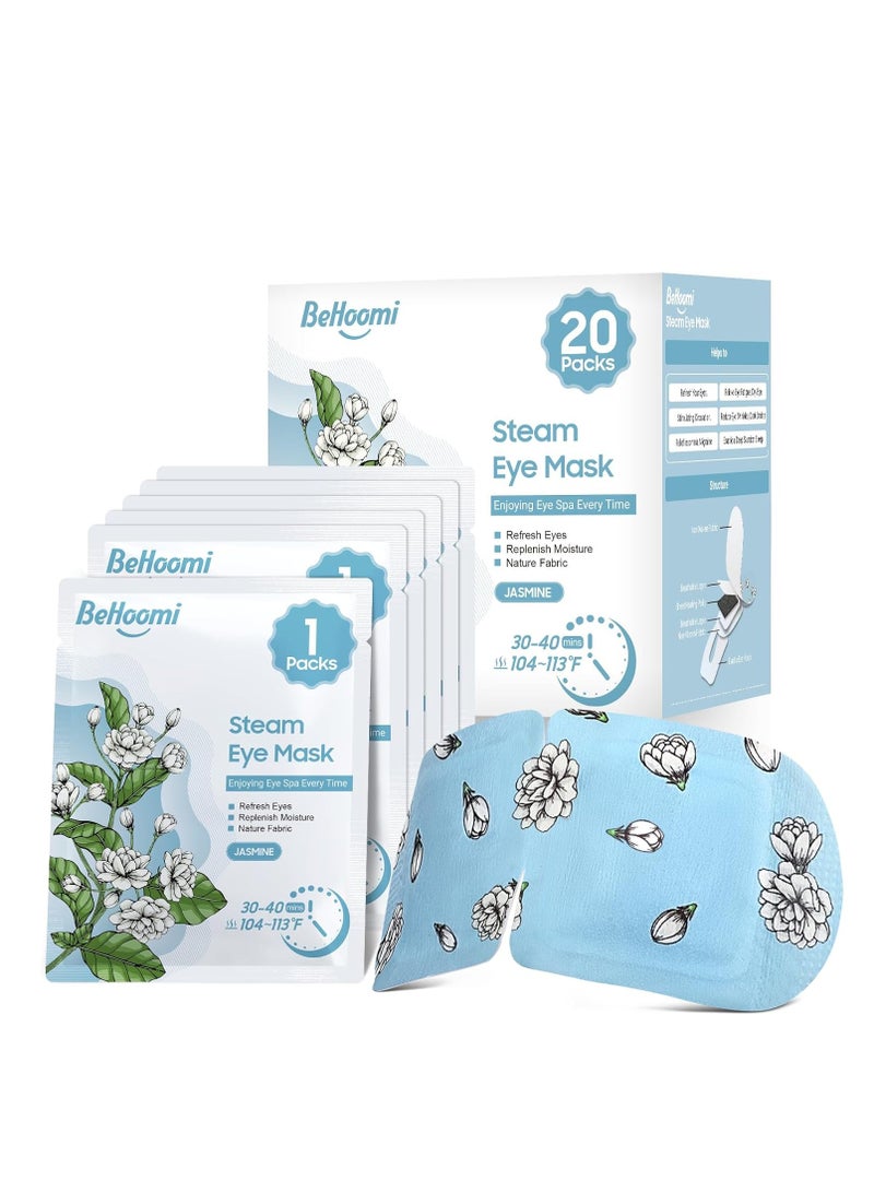 BeHoomi 20 Packs Steam Eye Mask, Heated Eye Mask Warm Compress for Eyes, Disposable Self Heating Eye Mask for Sleep, Spa, Travel Essentials & Relaxation Gifts for Women, Stocking Stuffers (Jasmine)  - Image 1