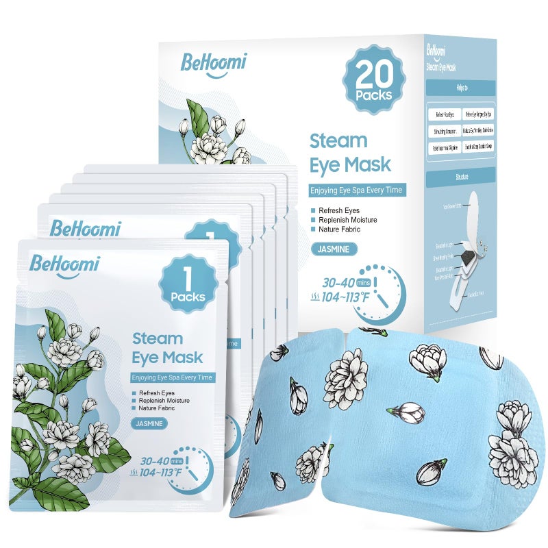 BeHoomi 20 Packs Steam Eye Mask, Heated Eye Mask Warm Compress for Eyes, Disposable Self Heating Steam Mask Sleep, Spa, Travel Essentials & Relaxation Gifts for Women, Stocking Stuffers (Jasmine) - Image 1