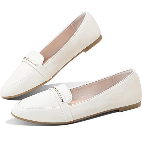 Obtaom Women's Faux Leather Ballet Flat,Comfortable Office Slip Ons,PU Working Loafer Flat(Beige US9) - Image 1