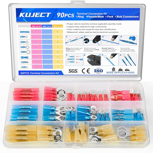 Kuject 90PCS Heat Shrink Wire Connectors, Multipurpose Waterproof Electrical Wire Terminals kit, Insulated Crimp Connectors Ring Fork Spade Butt Splices for Automotive Marine Boat Truck - Image 1