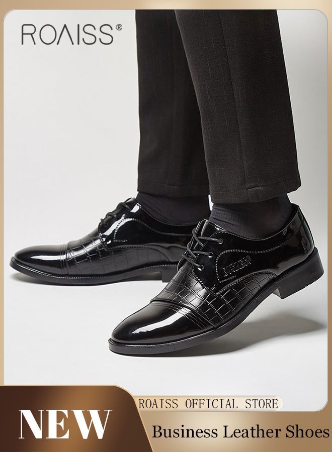 roaiss Men's Non-slip Leather Shoes Soft, Comfortable Durable Casual Classic Shoes Business Formal Shoes Pointed-Toe Lace-Up Wedding Shoes Low Top Flat Loafer Black - Image 1