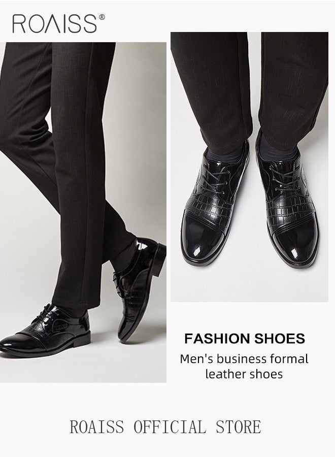 roaiss Men's Non-slip Leather Shoes Soft, Comfortable Durable Casual Classic Shoes Business Formal Shoes Pointed-Toe Lace-Up Wedding Shoes Low Top Flat Loafer Black - Image 2