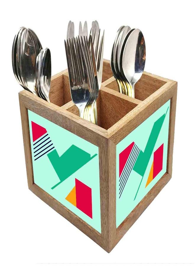 Nutcase Wooden Cutlery Stand Holder Silverware Caddy Spoons Forks Knives Organizer for Dining Table & Kitchen -Made in India-Spoons NOT Included - Blue Pattern - Image 1