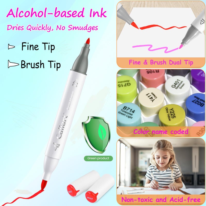 Caliart 180 Colors Alcohol Markers Brush Tip  Dual Tip Artists Coloring Markers Set Brush & Fine  Permanent Alcohol Based Colored Sketch Pens  Art Supplies Gifts For Adults Illustration Drawing - Image 4