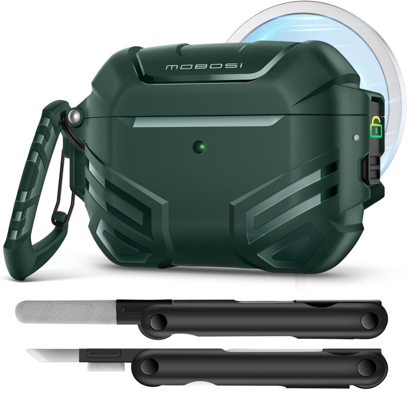 MOBOSI for AirPods Pro 3 Case with Lock, Compatible with AirPod Pro 3rd Generation Case [Compatible with MagSafe], Military Grade Protective Cover with Cleaner Kit & Keychain for Men(2025), Green - Image 1