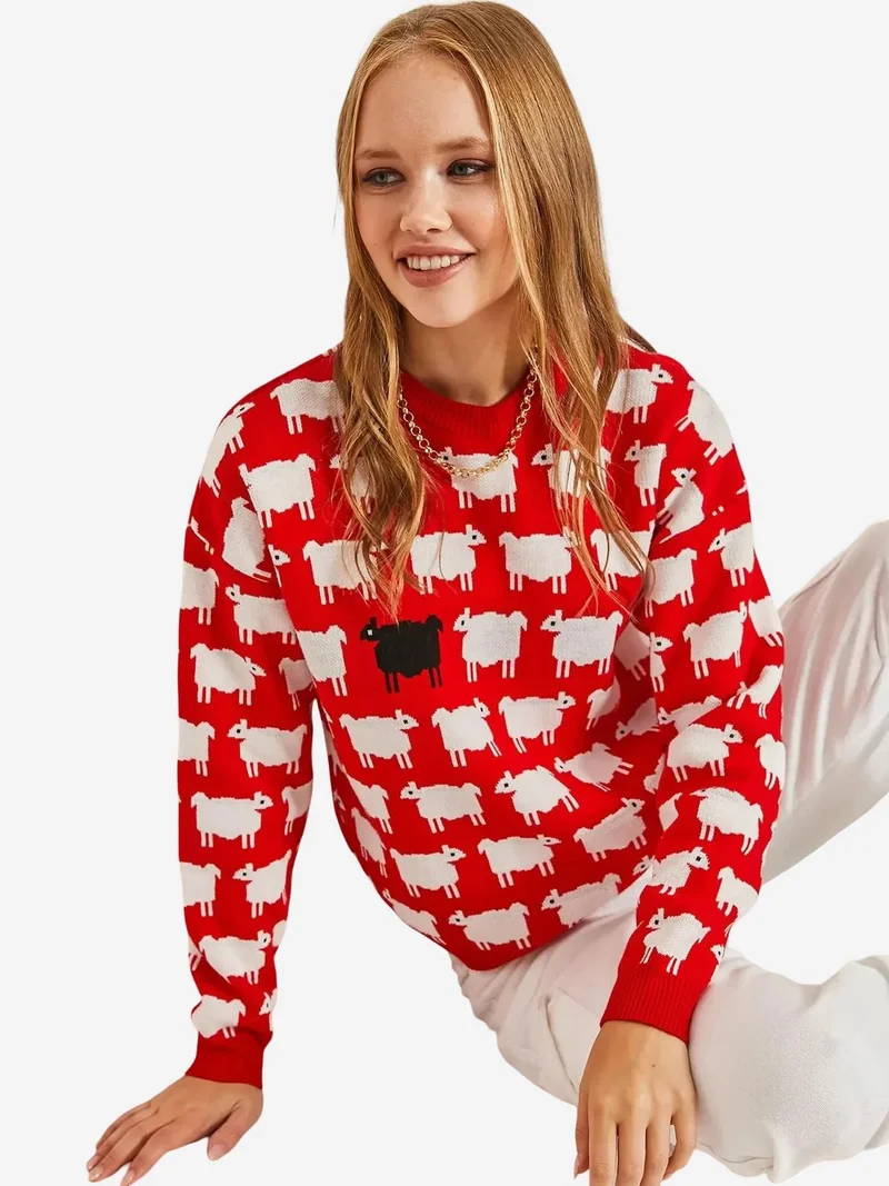 Bianco Lucci LUCCI Patterned Thick Knit Crew Neck Sweater