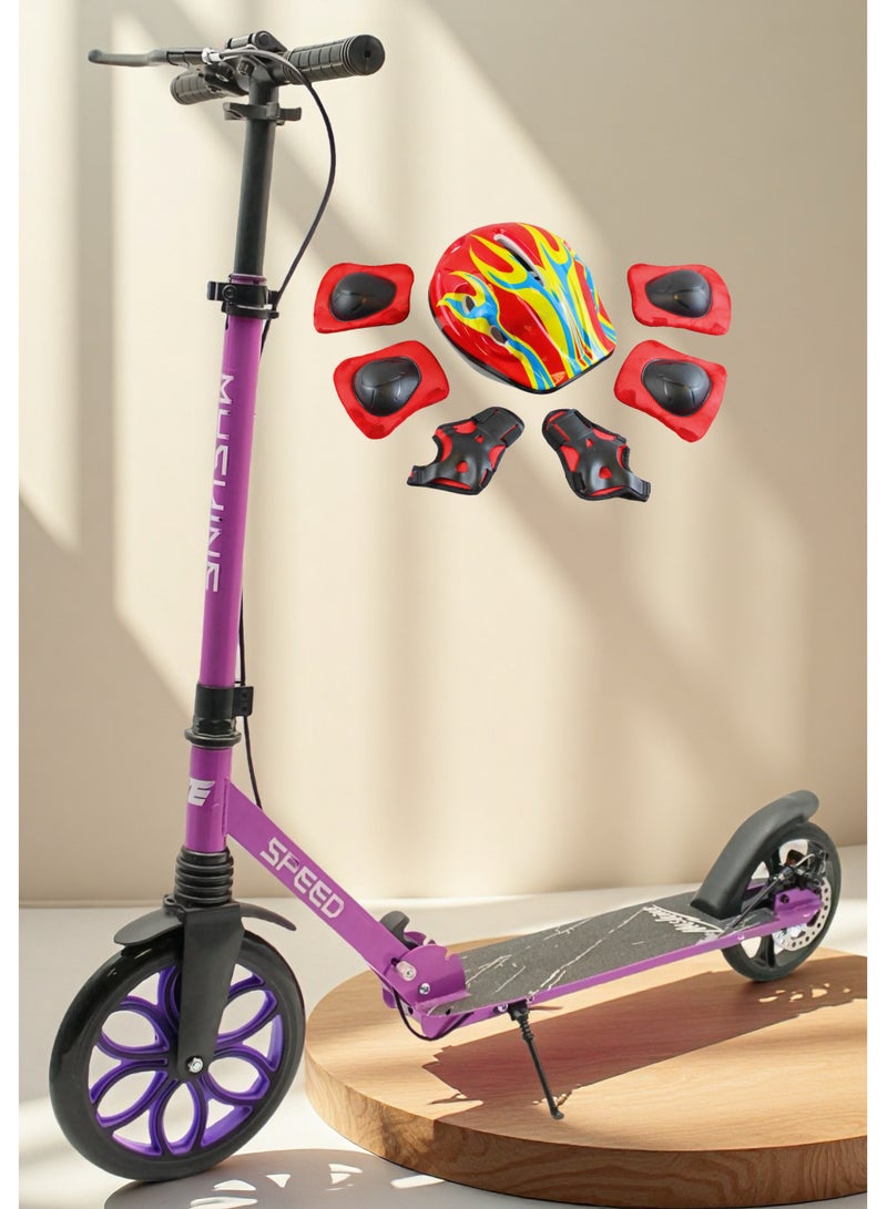 إيزي فيتشور سكوتر ركل للأطفال بعجلات كبيرة من EASY FUTURE، قابل لتعديل الارتفاع وقابل للطي مع فرامل خلفية ومقبض للأعمار من 7 إلى 14 عامًا، بما في ذلك مجموعة معدات الحماية الكاملة - Image 1