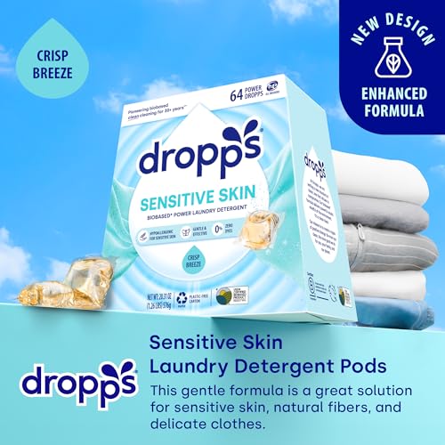Dropps Sensitive Skin Laundry Detergent Pods, Crisp Breeze (64 Count) - Dermatologist Tested Laundry Pods - HE Compatible Laundry Supplies for Clean Clothes, Vegan & Dye-Free - Image 3