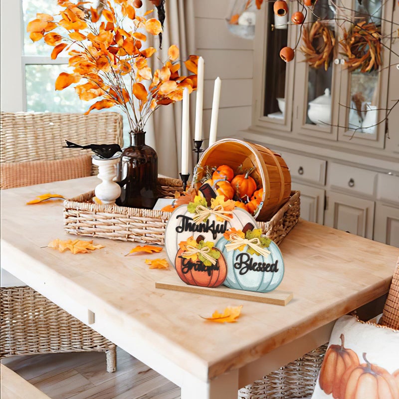 Sophena 3 Pcs Fall Pumpkin Decor Wooden Table Sign Thankful Blessed Grateful Tabletop for Autumn Farmhouse Vintage Thanksgiving Harvest Party Rustic Home Room Table Shelf Halloween Decorations - Image 5