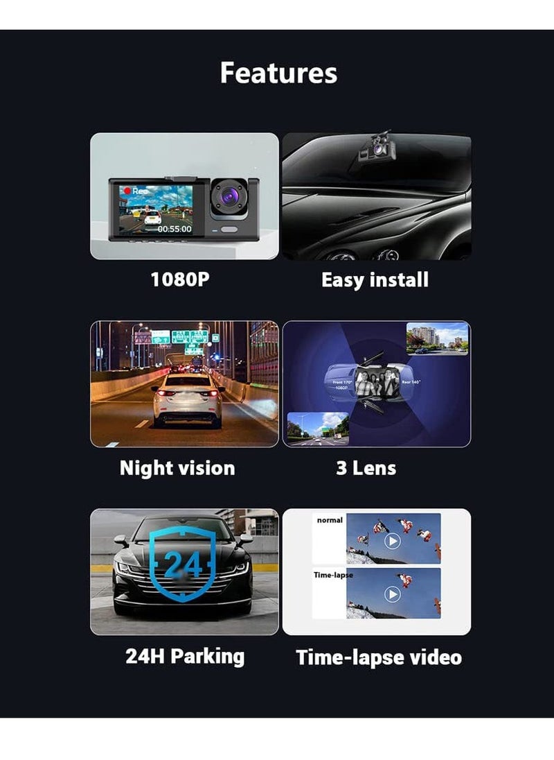 ELTRAZONE 3-Channel Car Dash Camera – 130° Wide Angle, 1296x1080P Front, Inside, and Rear Cameras  - Image 5