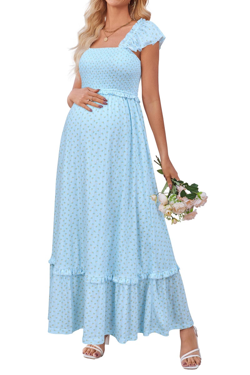 OUGES Womens 2026 Summer Maternity Maxi Dresses for Photoshoot Ruffle Sleeve Square Neck Wedding Guest Baby Shower Long Dress Flowy Pregnancy Must Have Maternity Clothes(Light Blue Yellow Floral,S) - Image 1