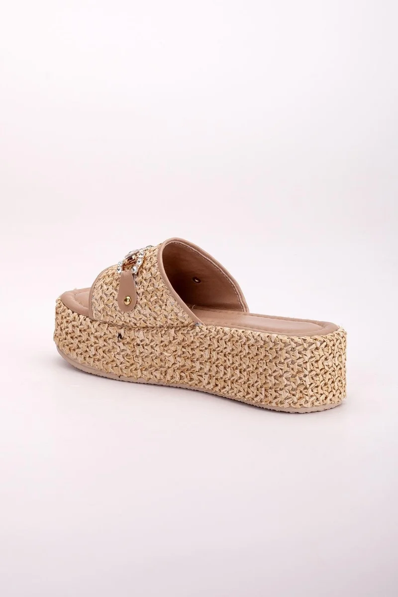 Dilimler Ayakkabı Straw Wrapped Sole Stoned Beige Women's Wedge Heel Slippers