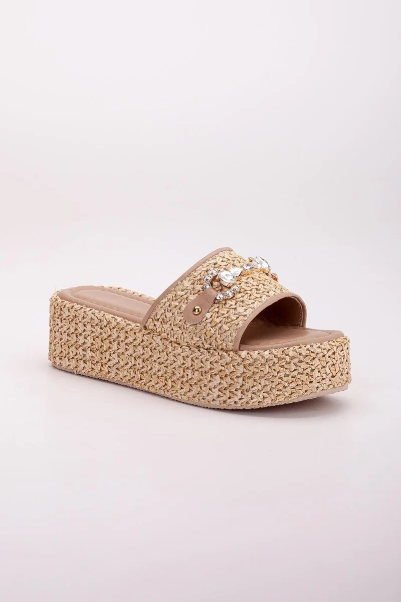 Dilimler Ayakkabı Straw Wrapped Sole Stoned Beige Women's Wedge Heel Slippers