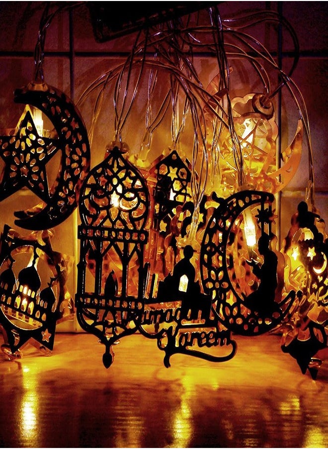 فلاي هسو زينة رمضان أضواء 3 متر 20 ضوء ستارة خيطية مزخرفة مرصعة بالنجوم أضواء رمضان أقمار ونجوم وفانوس وقلعة إضاءة ليلية LED لحفلة ديكور المنزل في رمضان  - Image 3