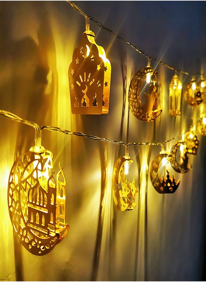 فلاي هسو زينة رمضان أضواء 3 متر 20 ضوء ستارة خيطية مزخرفة مرصعة بالنجوم أضواء رمضان أقمار ونجوم وفانوس وقلعة إضاءة ليلية LED لحفلة ديكور المنزل في رمضان  - Image 1