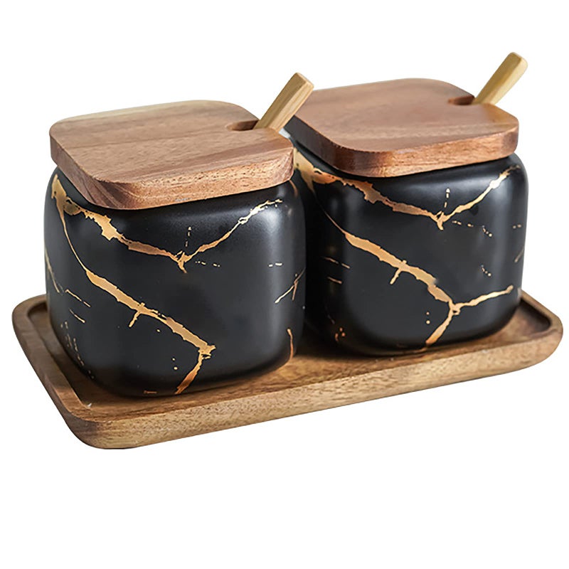 JFFLYIT 2 Sets of Marble Ceramic Sugar Bowl Ceramic Seasoning Jars with Wooden Lid and Wooden SpoonWhite