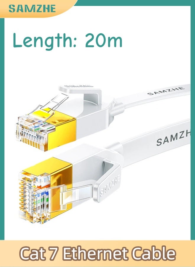 SAMZHE كابل إيثرنت Cat7 بطول 20 متر، عالي السرعة 10 جيجابت في الثانية 600 ميجاهرتز، سلك LAN نحاسي نقي فائق النحافة ومسطح ومحمي، موصل RJ45 مع غطاء واقٍ، مطلي بالذهب لمقاومة التداخل، سلك توصيل إنترنت للكمبيوتر لأجهزة PS5 وPS4 وXbox والكمبيوتر الشخصي والألعاب وأجهزة التوجيه والمودم (أبيض) - Image 1