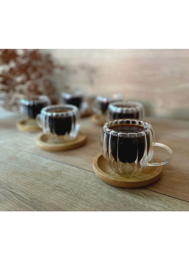 Kitchen Pembelia 6-Piece Bamboo Plate Double Walled Coffee Cup Set Walled Cup Set 80 ml for 6 people  - Image 1