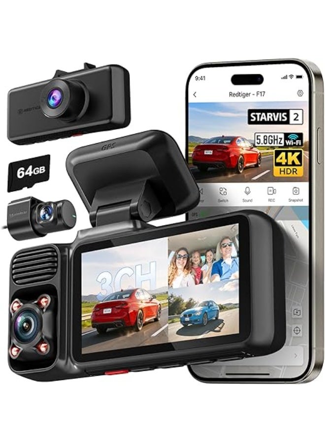REDTIGER 4K 3 Channel Dash Cam 5G WiFi Built-in GPS, Included 64GB Card, 2160P+1080P+1080P Front and Rear Inside, Loop Recording, Triple Car Camera with 3 Inch Screen, IR Night Vision, Parking Mode - Image 1