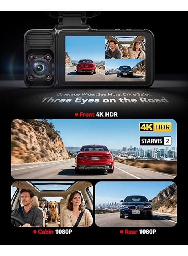 REDTIGER 4K 3 Channel Dash Cam 5G WiFi Built-in GPS, Included 64GB Card, 2160P+1080P+1080P Front and Rear Inside, Loop Recording, Triple Car Camera with 3 Inch Screen, IR Night Vision, Parking Mode - Image 2