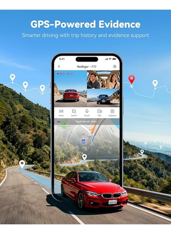 REDTIGER 4K 3 Channel Dash Cam 5G WiFi Built-in GPS, Included 64GB Card, 2160P+1080P+1080P Front and Rear Inside, Loop Recording, Triple Car Camera with 3 Inch Screen, IR Night Vision, Parking Mode - Image 5