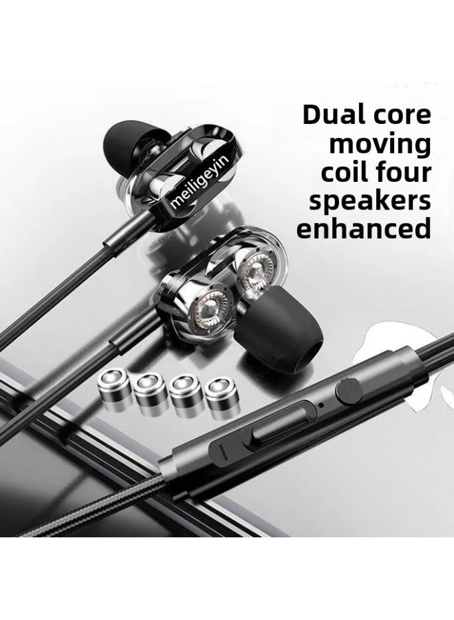 Direct In-ear Dynamic Circle Wired Control Earphones Compatible Android Straight Plug Wired Earphones-Color:Double Horn Black Silver  - Image 1