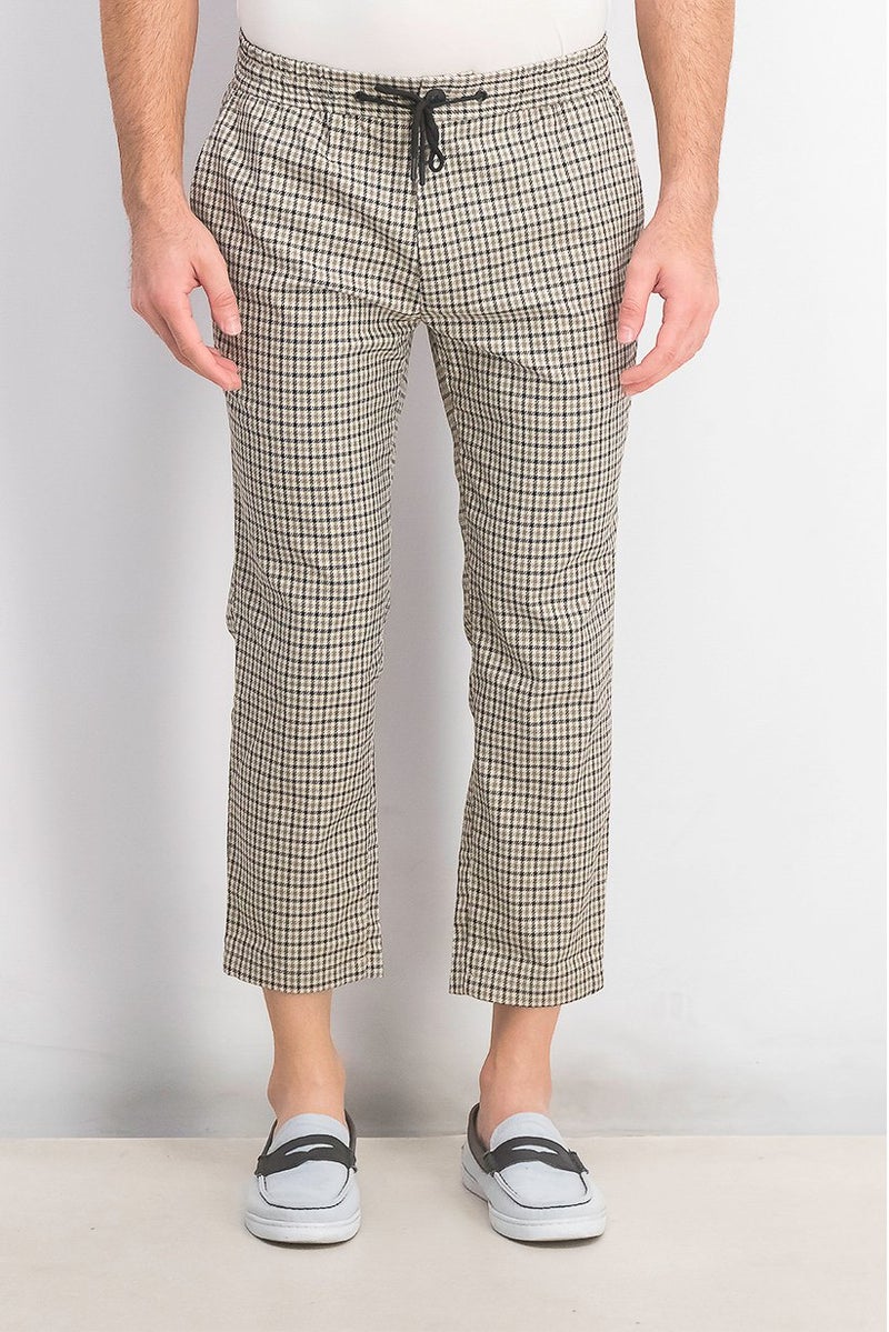 TOPMAN Men Regular Fit Houndstooth Printed Drawstring Pant, Stone - Image 1