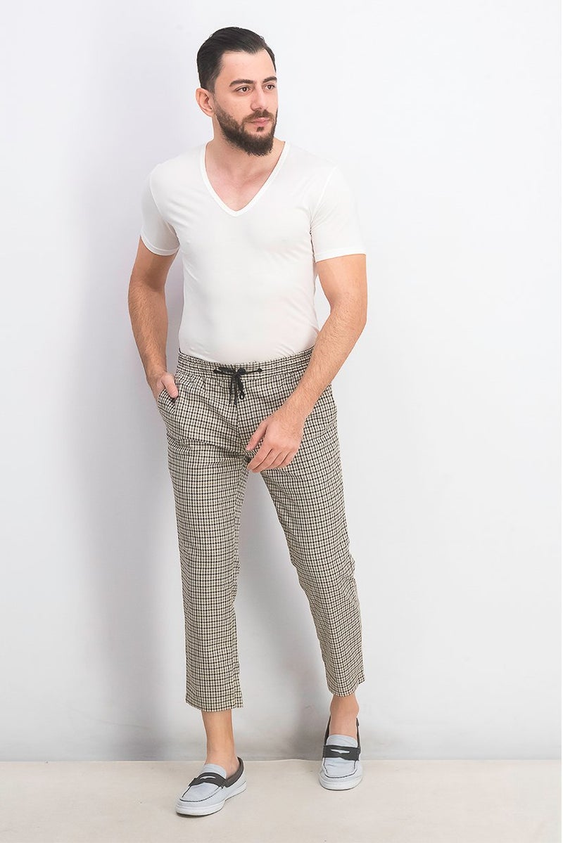 TOPMAN Men Regular Fit Houndstooth Printed Drawstring Pant, Stone - Image 2