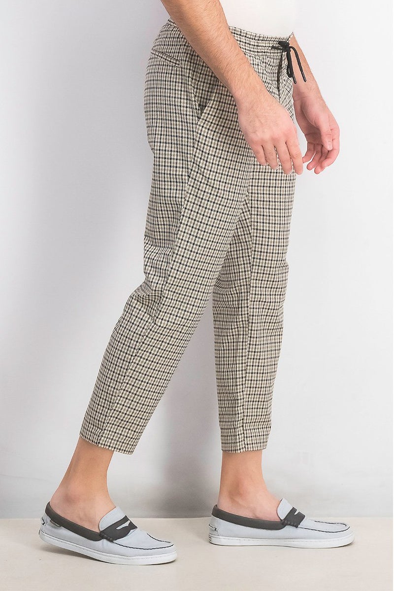 TOPMAN Men Regular Fit Houndstooth Printed Drawstring Pant, Stone - Image 4