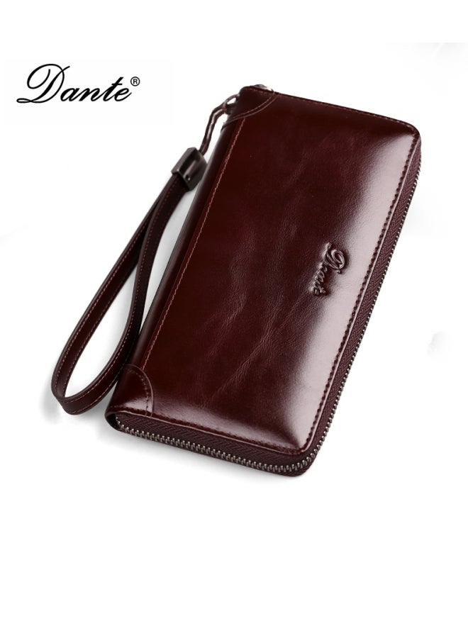 Dante Men's Clutch Bag RFID Anti-theft Brush Retro First Layer Cowhide Long Wallet Oil Wax Brown (Cowhide Anti-card Swiping) - Image 1