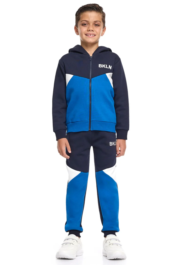 victor and jane Boys’ Navy &amp; Blue Colorblock Hoodie Tracksuit – Zip-Up Sweatshirt &amp; Joggers Set