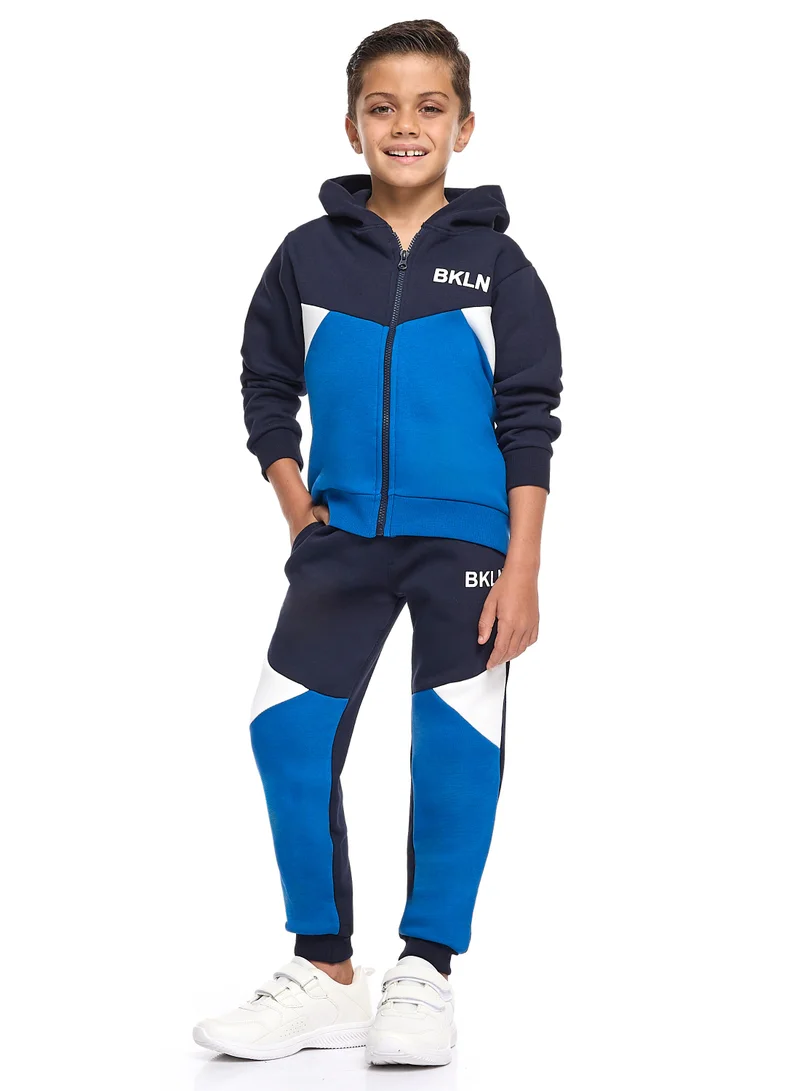 victor and jane Boys’ Navy &amp; Blue Colorblock Hoodie Tracksuit – Zip-Up Sweatshirt &amp; Joggers Set