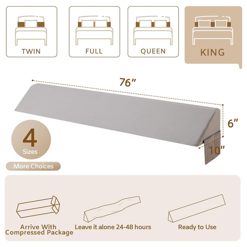 Bedluxe King Bed Wedge Pillow for Headboard, Wedge Pillow Headboard, Bed Gap Filler - Fill The Gap (0-7")(Gray, 76"x10"x6") - Image 4
