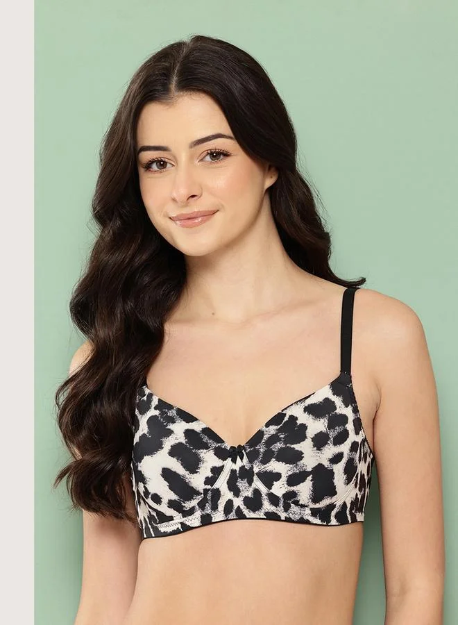 Leading Lady Black Printed Lightly Padded Non Wired T-Shirt Bra