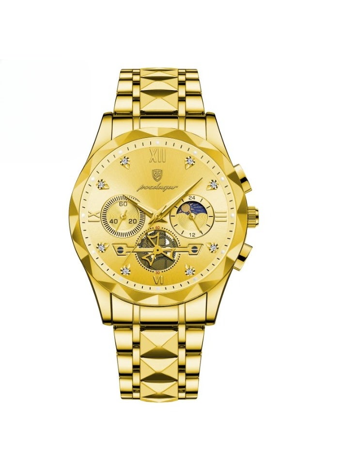 POEDAGAR Luxury Men Wristwatch, Classic And Fashionable Quartz Watch, Waterproof Luminous Chronograph Watch, Business Style Stainless Steel Wrist Watch For Men, (Gold Gold)  - Image 1