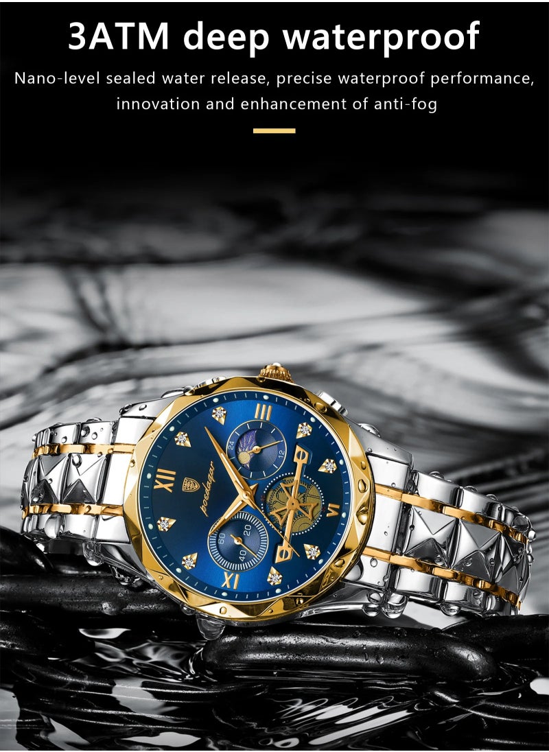 POEDAGAR Luxury Men Wristwatch, Classic And Fashionable Quartz Watch, Waterproof Luminous Chronograph Watch, Business Style Stainless Steel Wrist Watch For Men, (Gold Gold)  - Image 2